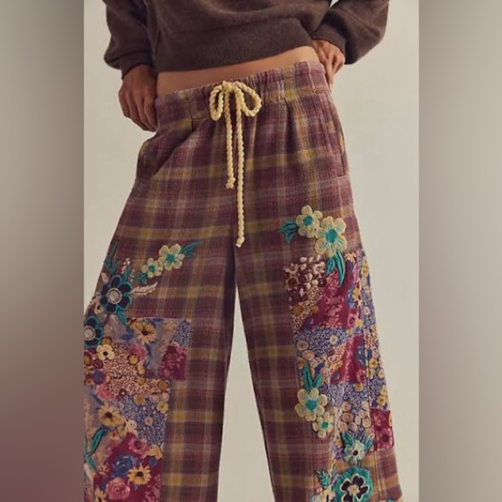 Free People Brooks Embroidered Wide-Leg Patchwork Pants Green Combo - Picture 4 of 15